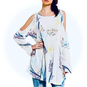 FREE PEOPLE Floral Cold Shoulder Tunic Top or Mini Dress, Ivory/Multi Small NWOT